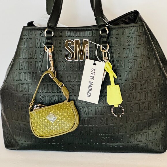 Steve Madden Embossed Black Tote Bag with Logo Charm & Mini Pouch - Picture 3 of 4